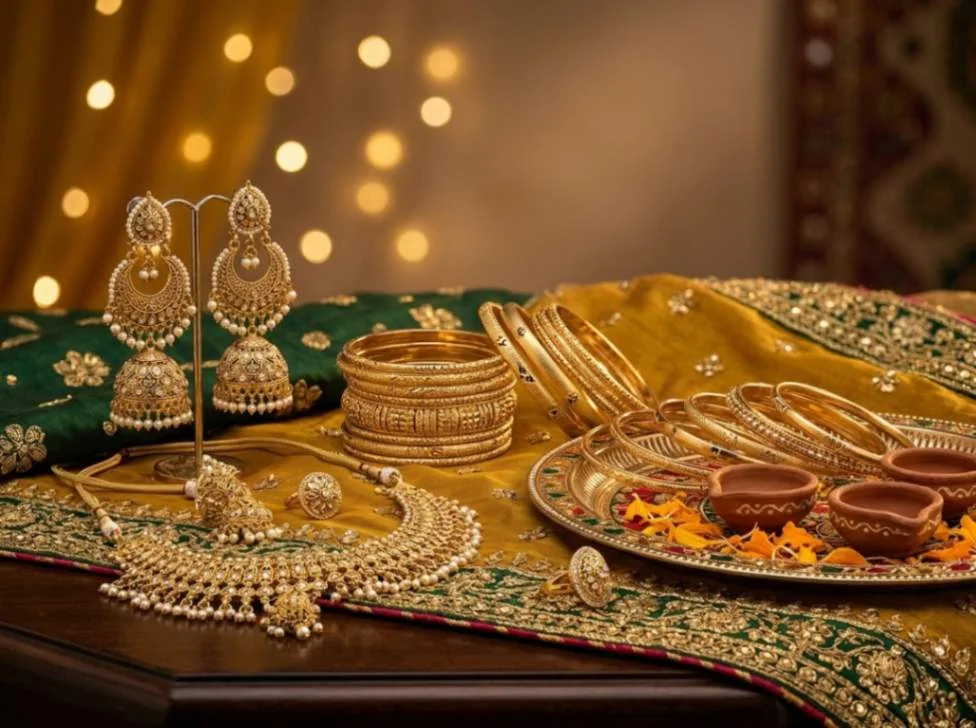 Gold jewellery for Mehndi night — jhumki earrings and bangles for Pakistani brides